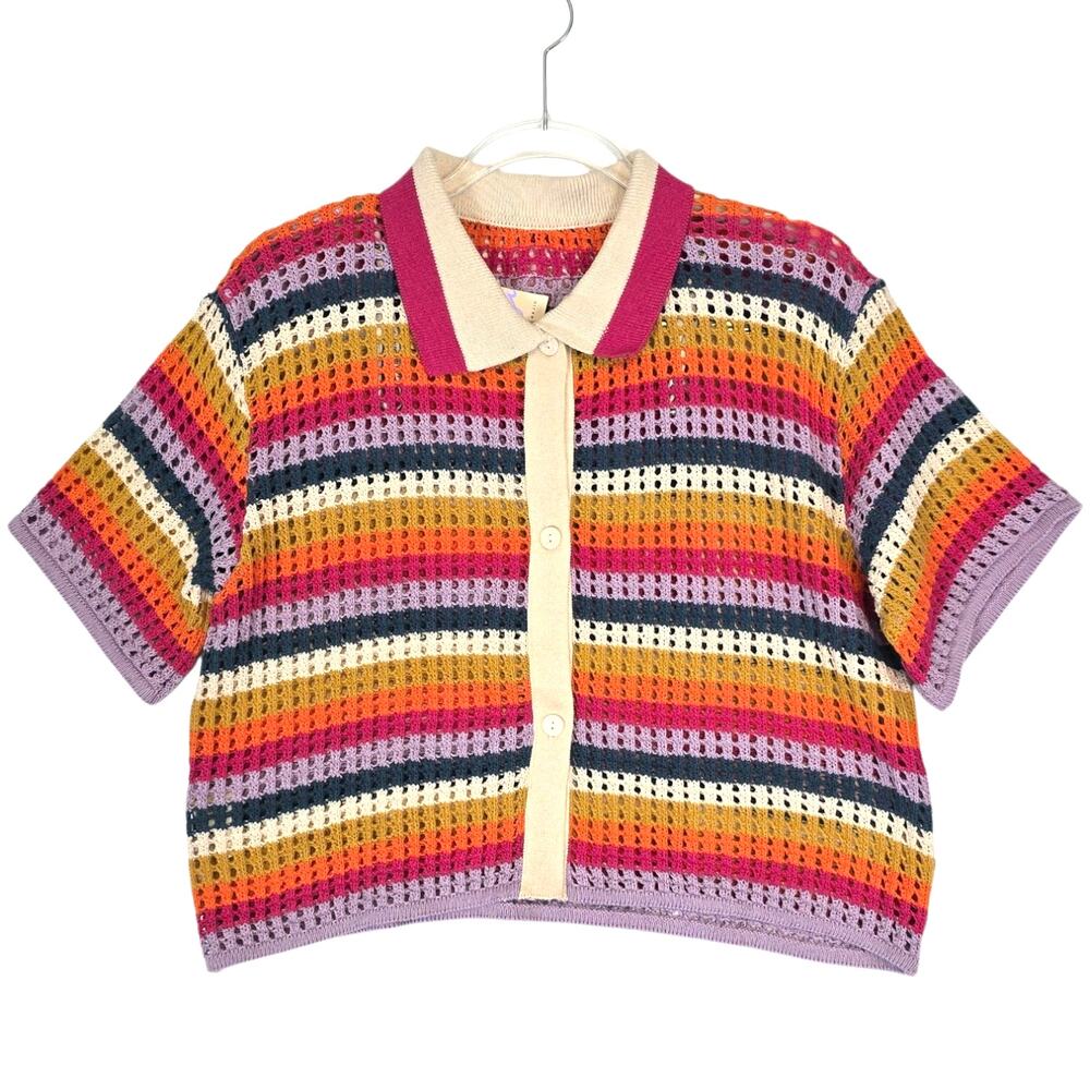 Maaji Paradiso Knit Crochet Button Shirt Collared Multi Color Stripe  M NEW